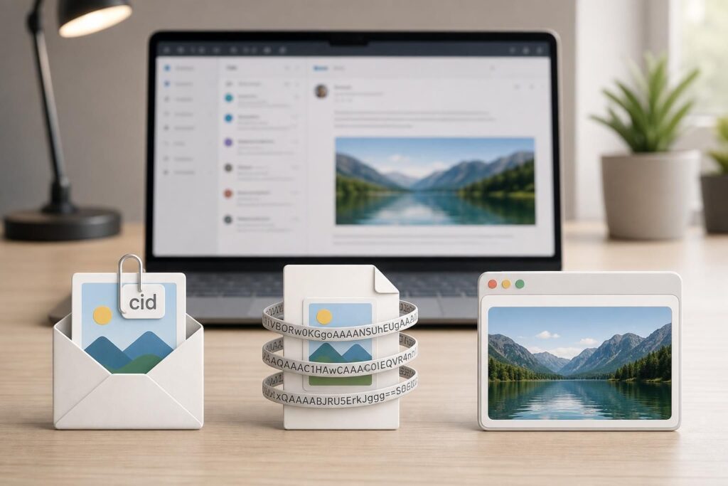 explore the pros and cons of embedding images in html emails using cid, base64 encoding, or hosted image links to optimize email design and deliverability.