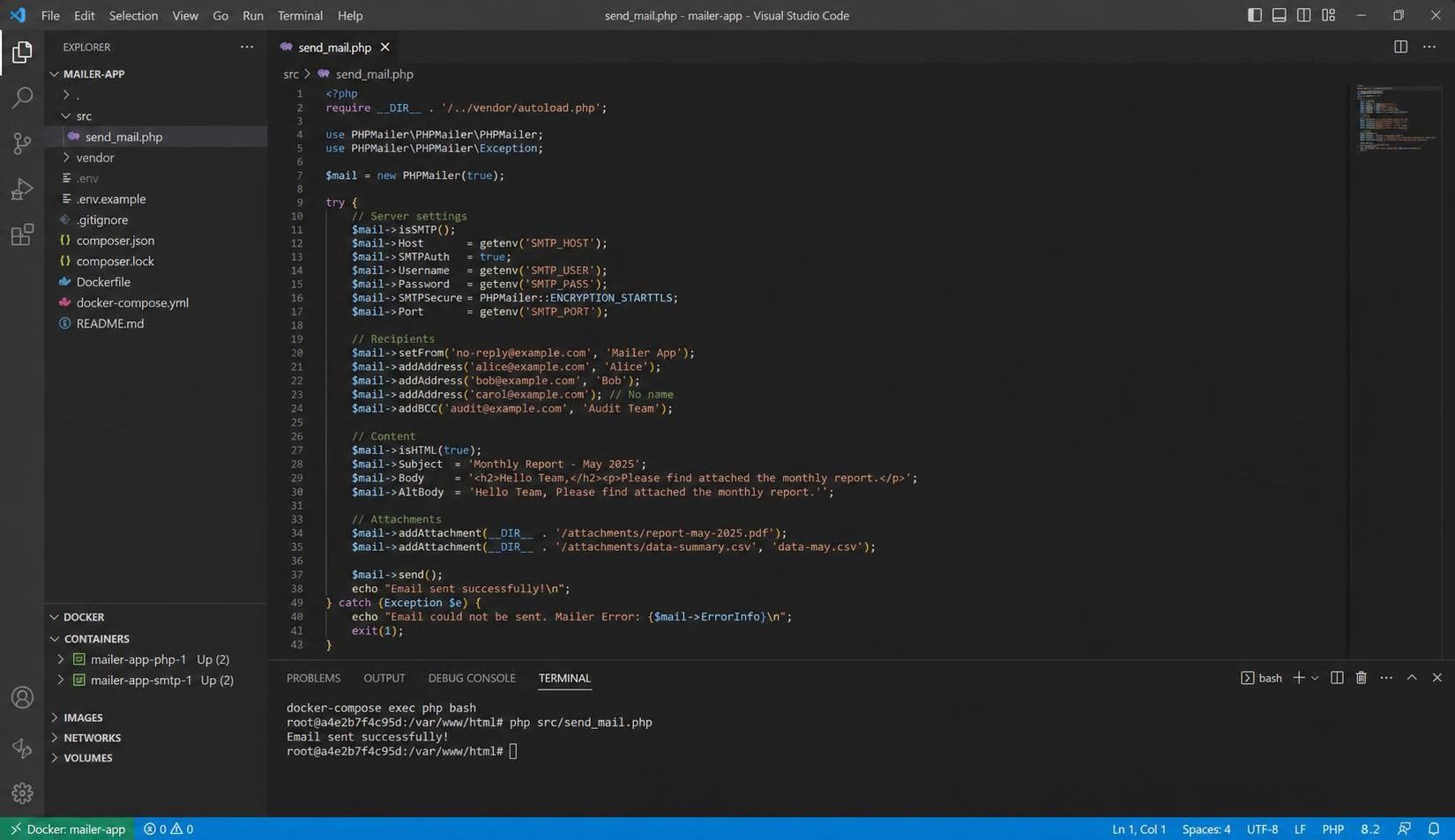 learn how to use phpmailer within a docker container to send emails without relying on a local mail transfer agent (mta). step-by-step guide for efficient mail handling.